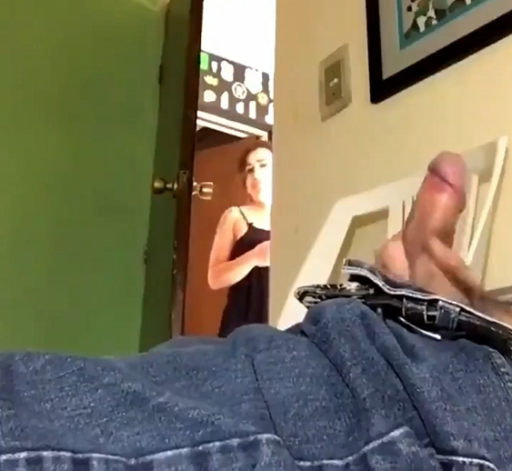 Step aunt hiding and looking at nephew's cock while he masturbates in bedroom